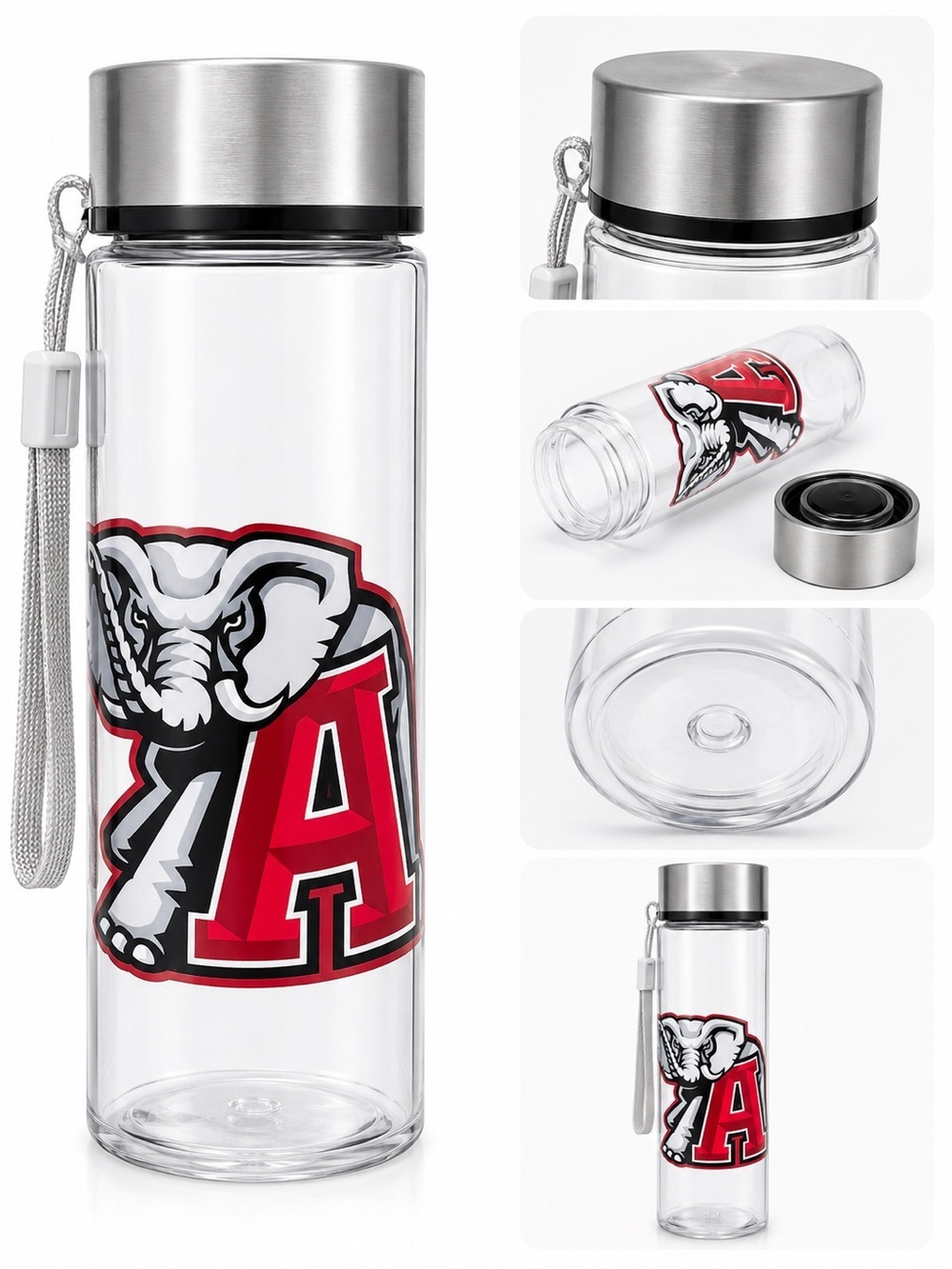 Hand Crafted Silver-Topped Clear Water Bottle with Red & Black Elephant Logo